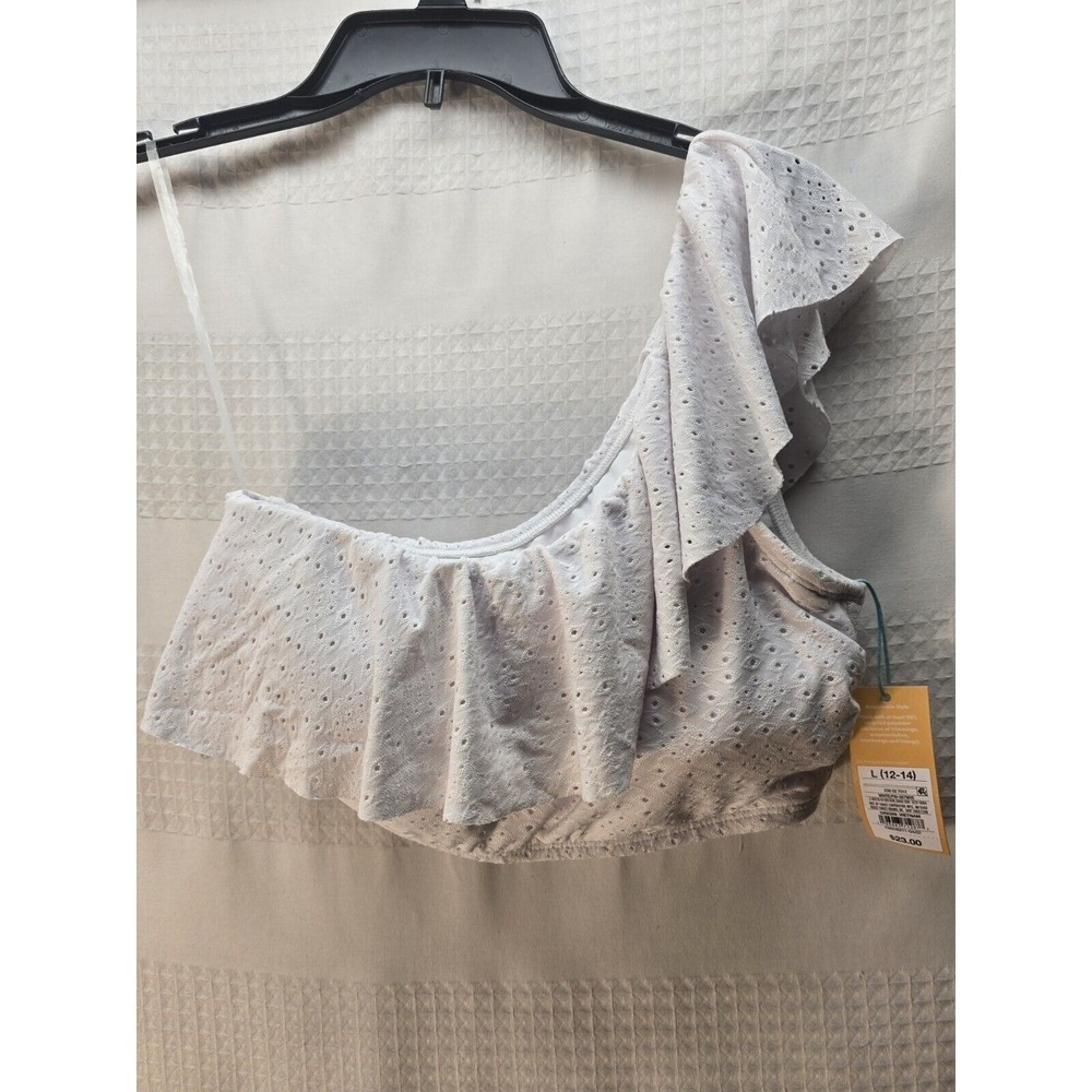 Kona Sol Bikini Top Sz Large White Eyelet One Shoulder Flowey Beach Summer 5708